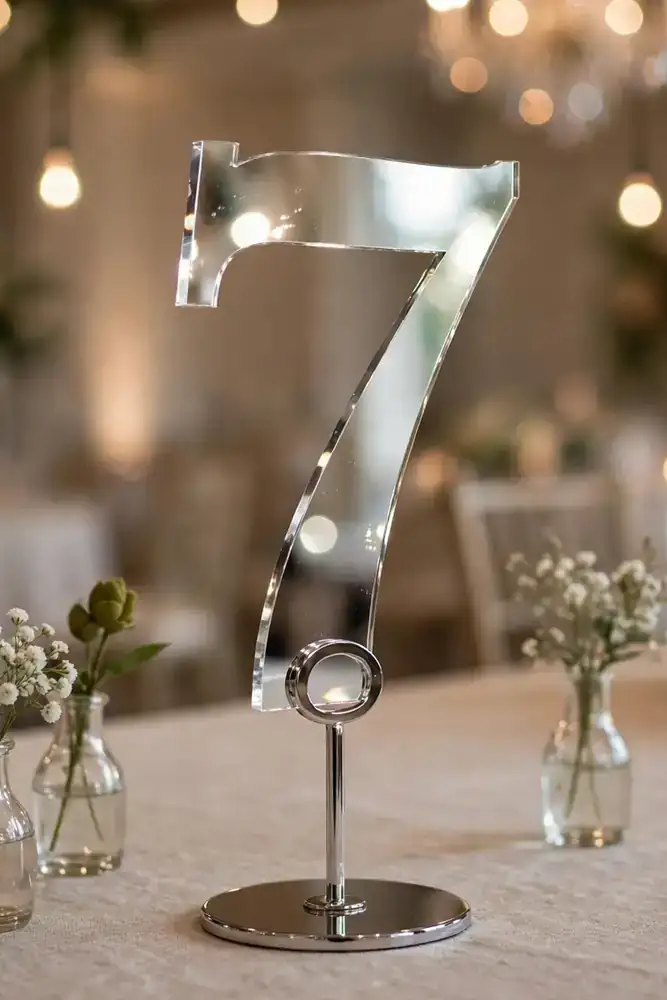Mirrored acrylic wedding table number on chrome stand