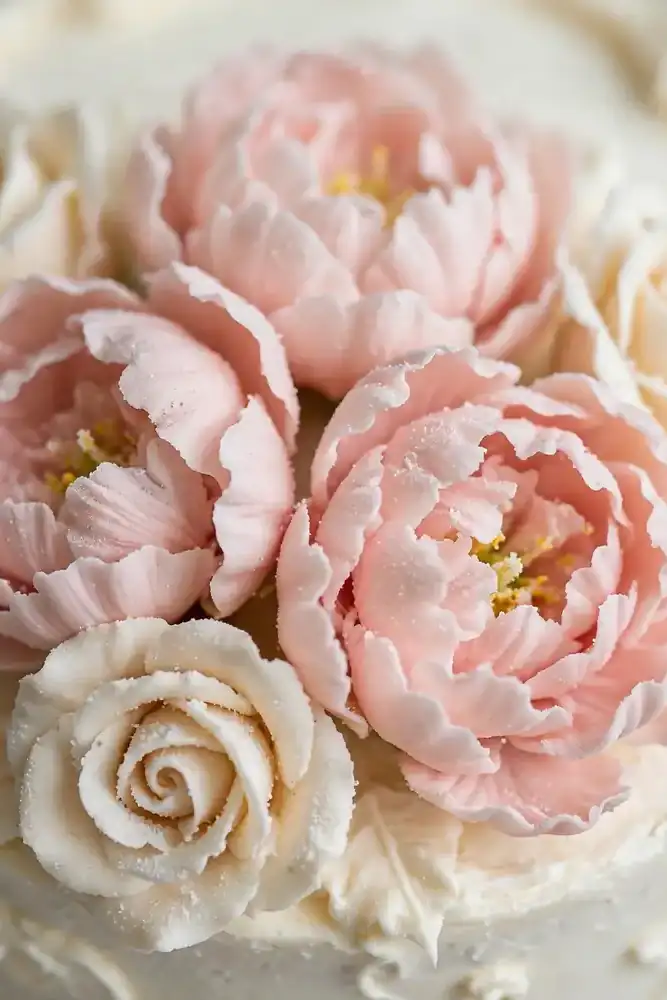 Handmade sugar flowers on white wedding cake close-up