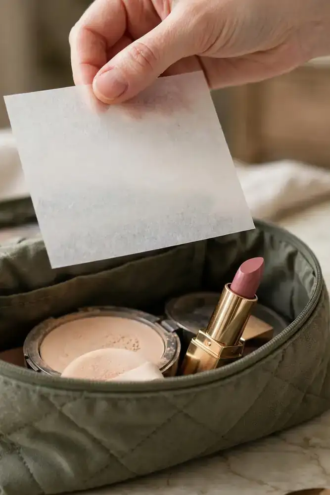 Hand holding blotting paper over an open makeup bag