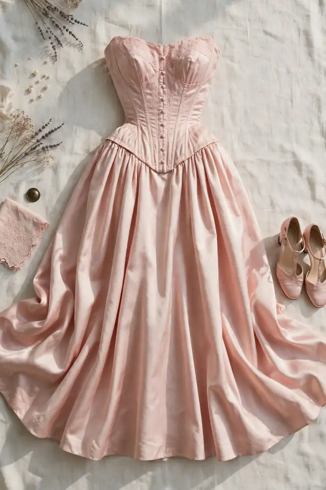 Blush tea-length drop waist wedding dress flat lay with heels