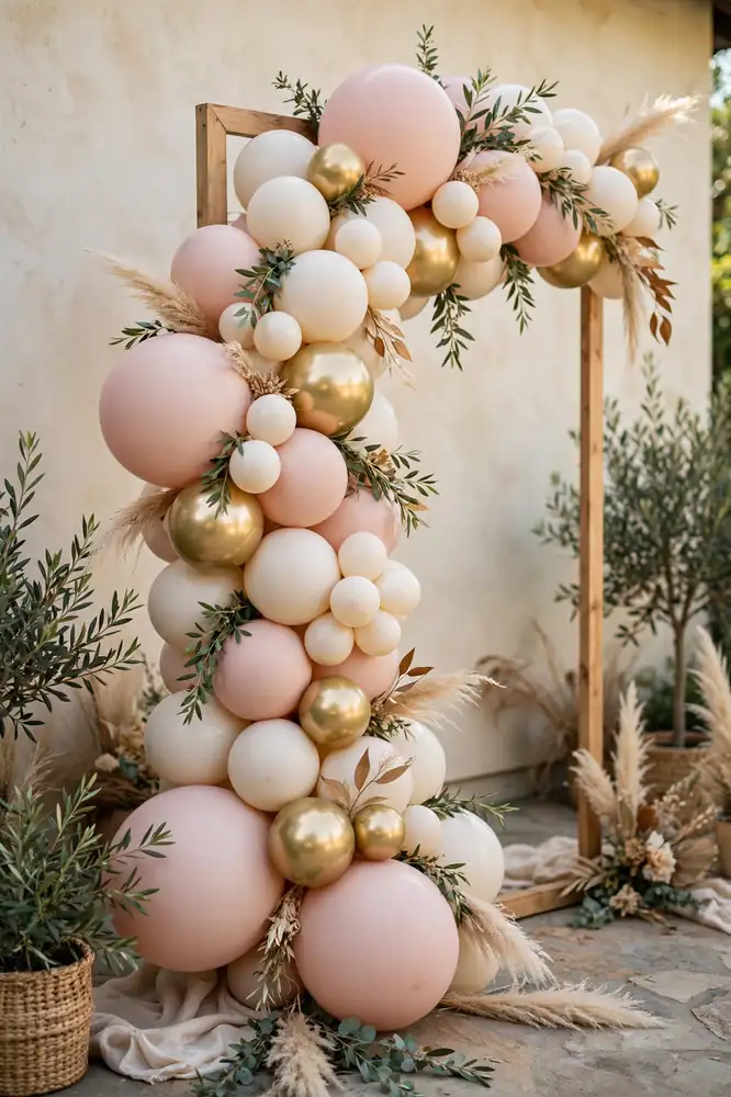 Organic balloon garland arch in blush, cream and gold
