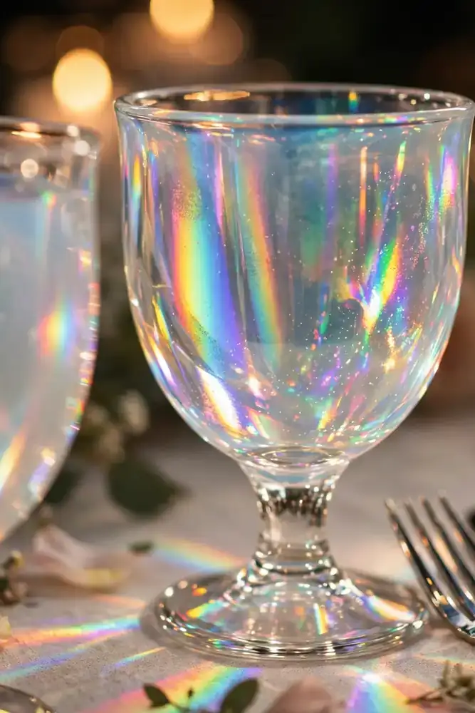 Iridescent opalite glass goblets glowing on wedding table