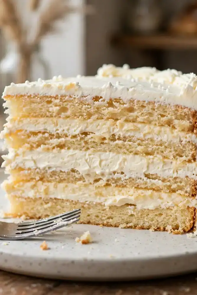 Slice of wedding cake showing layers and cream filling