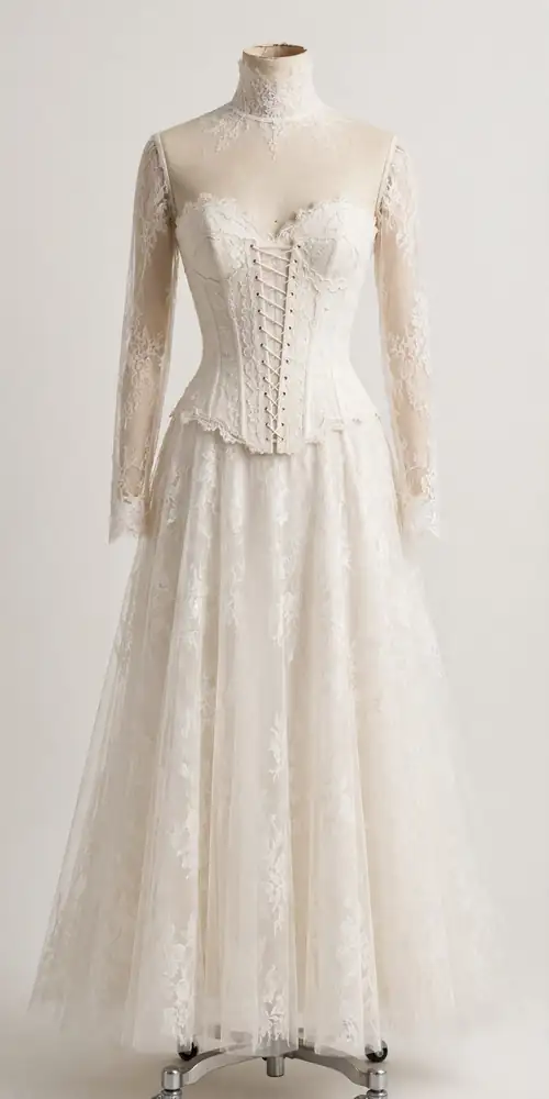 Drop waist wedding dress with long lace sleeves on a dress form