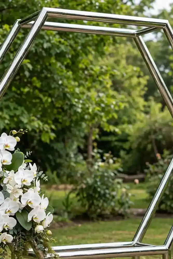 Polished chrome wedding ceremony arch with white orchids