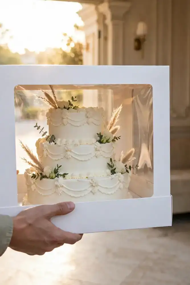 Wedding cake delivery box being carried into a venue