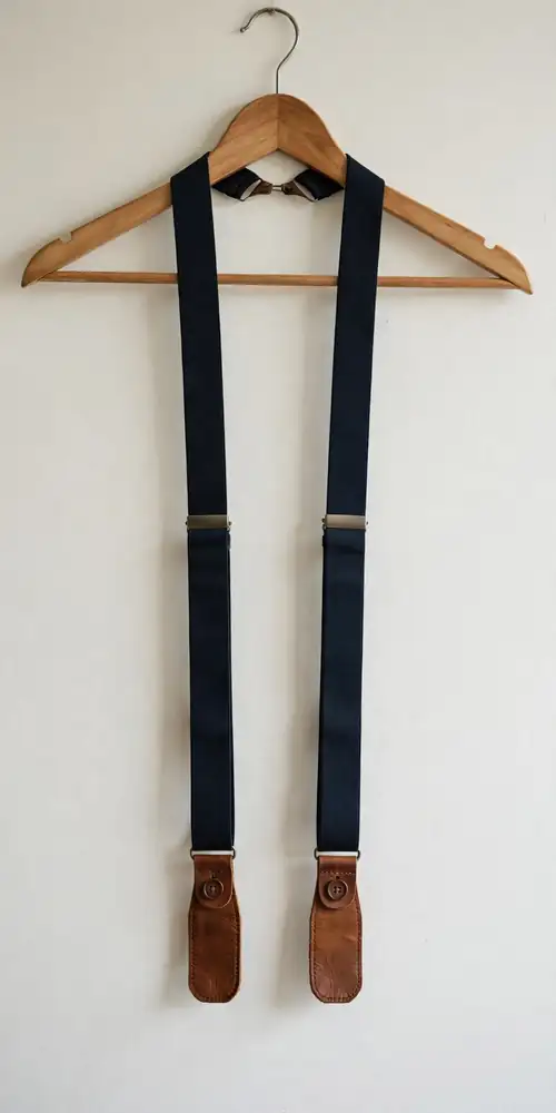 Navy button-on suspenders hanging on a wooden hanger