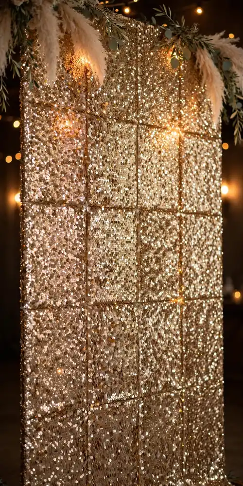 Champagne gold sequin wall backdrop shimmering