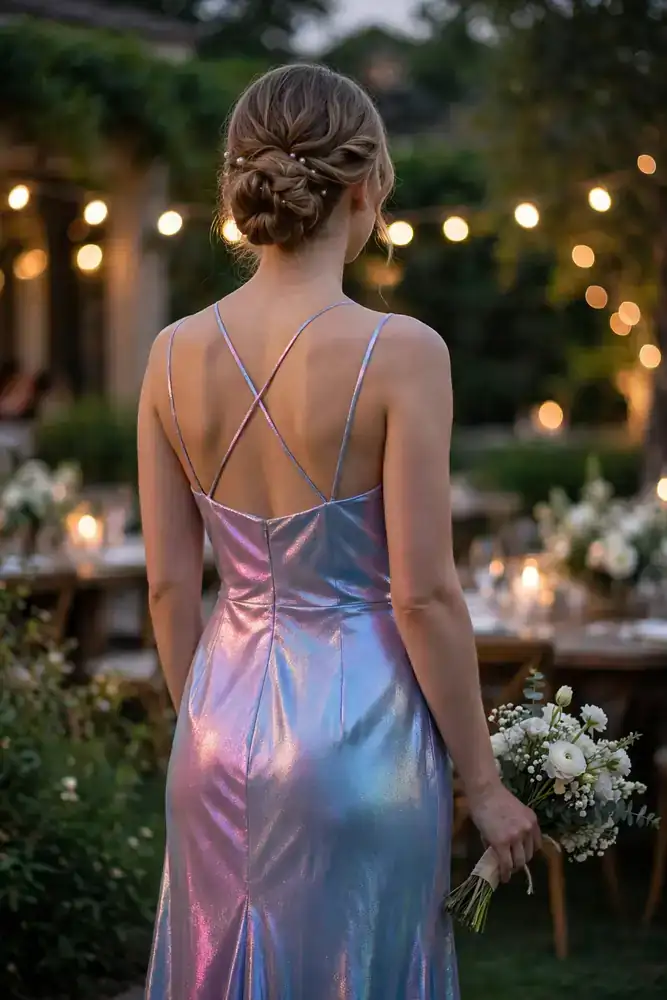 Bridesmaid in iridescent color-shifting dress seen from behind