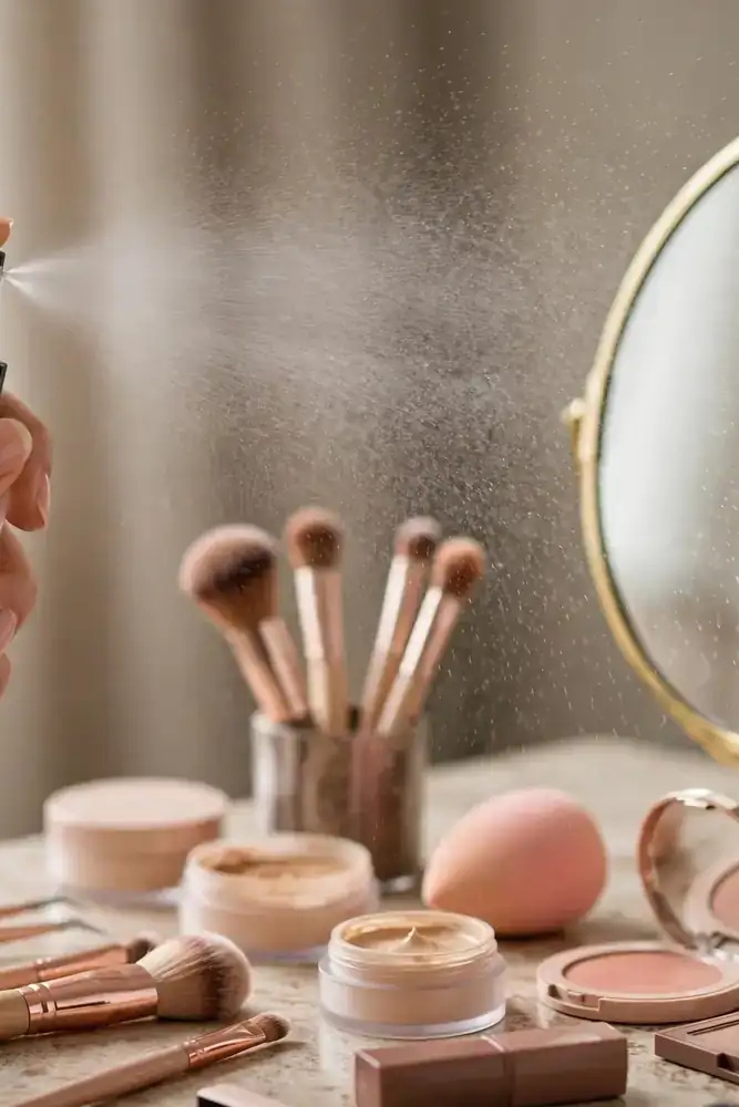 Hand misting setting spray toward a vanity mirror