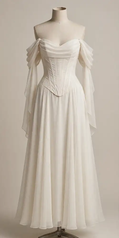 Off-the-shoulder drop waist wedding dress with A-line skirt on a dress form