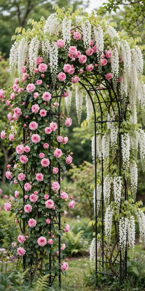 Garden arch covered in climbing pink roses and wisteria