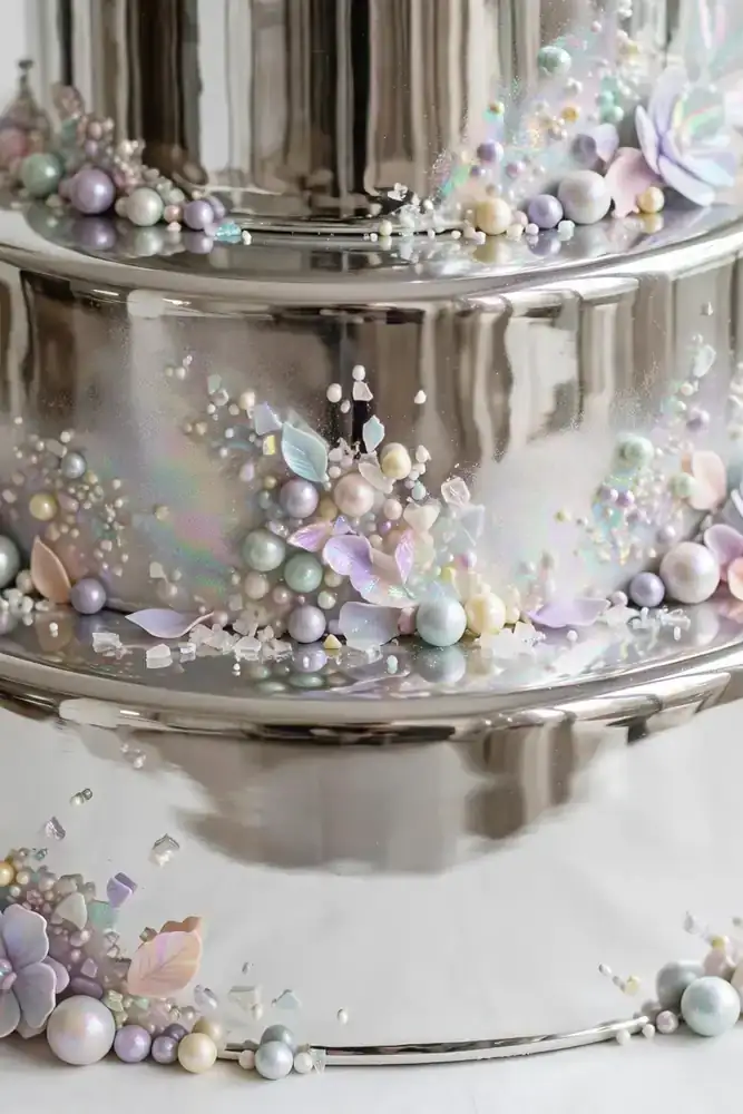 Chrome mirror-finish wedding cake with opalite details