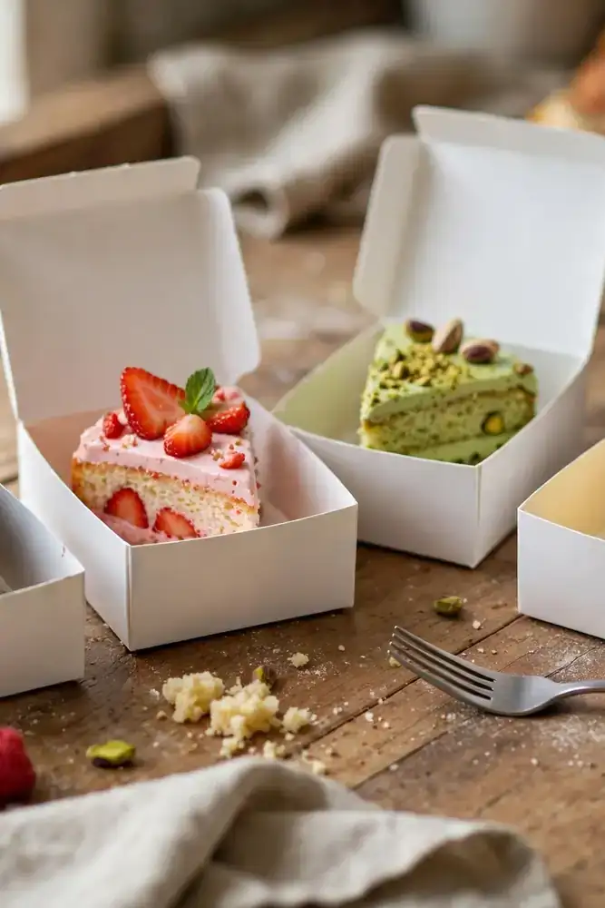 Wedding cake tasting boxes with mini cake slices