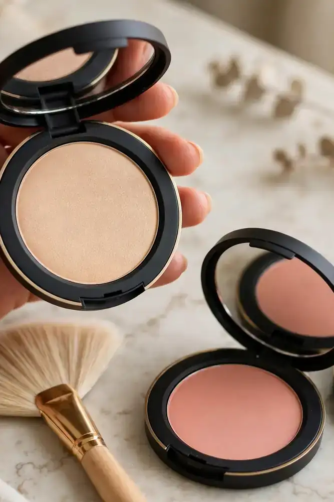 Hand holding matte powder highlighter compact with fan brush