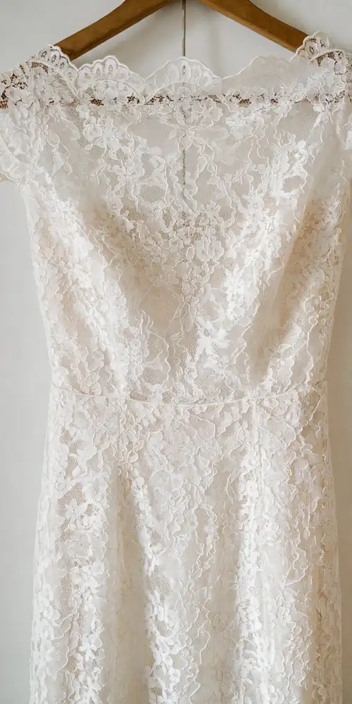 All-over Chantilly lace wedding dress with drop waist close-up