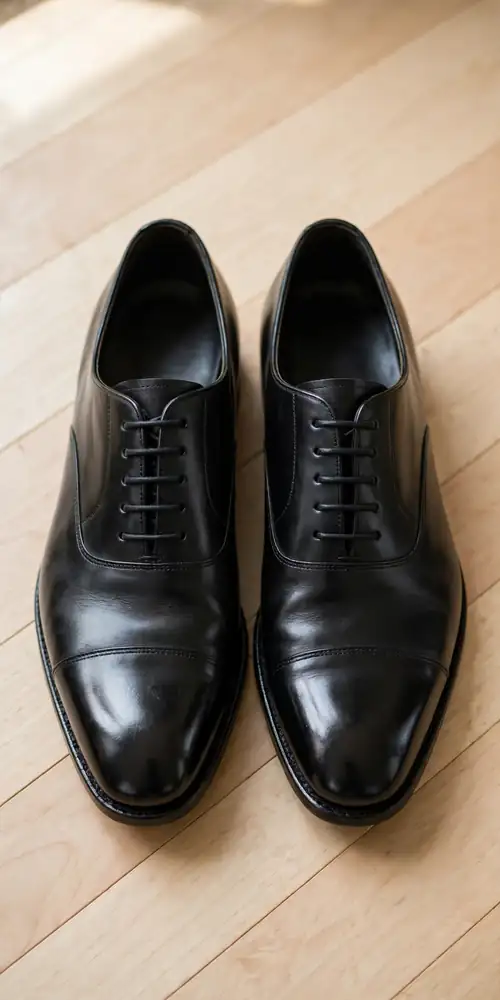 Polished black leather Oxford dress shoes side by side