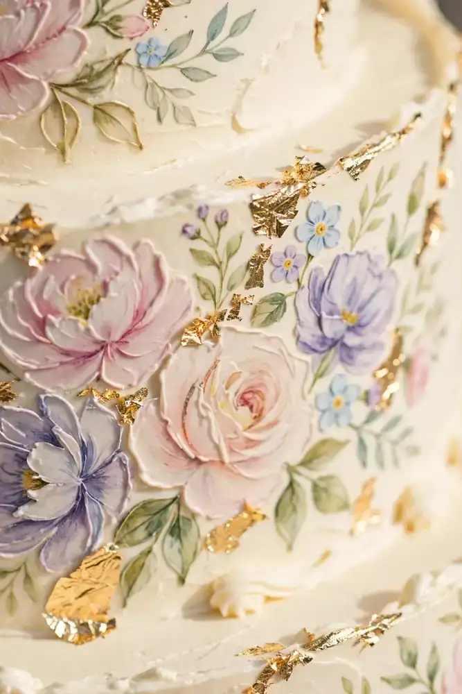 Hand-painted wedding cake with gold leaf details