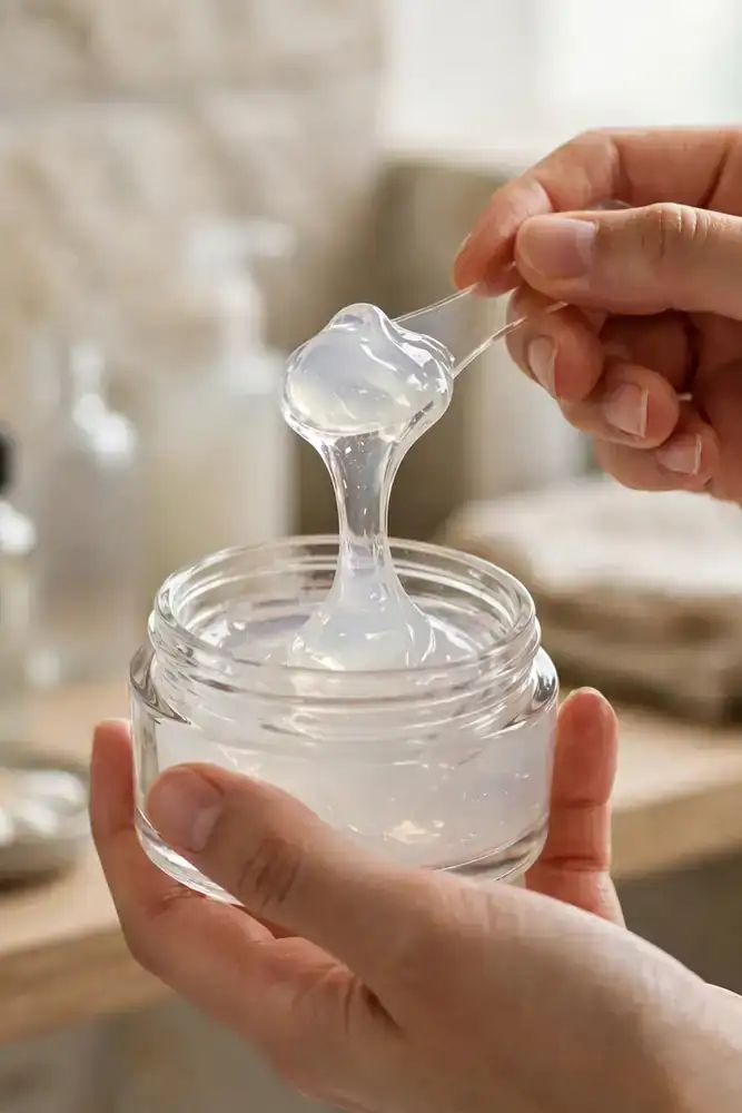 Hands scooping lightweight gel moisturizer from a glass jar