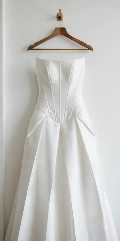 Minimalist mikado satin drop waist wedding dress on a hanger