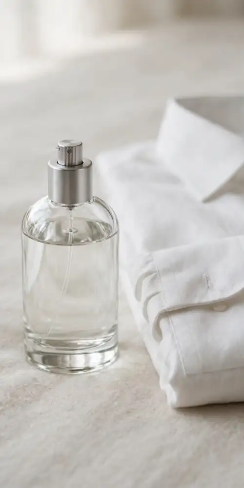 Elegant glass cologne bottle beside a folded white shirt