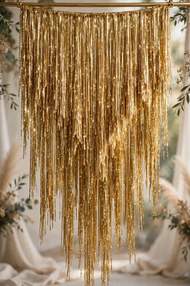 Gold metallic fringe curtain backdrop with varied strand lengths
