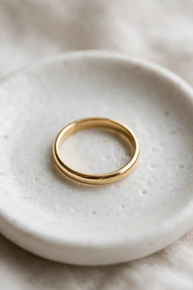 Simple plain gold band ring on a white ceramic dish