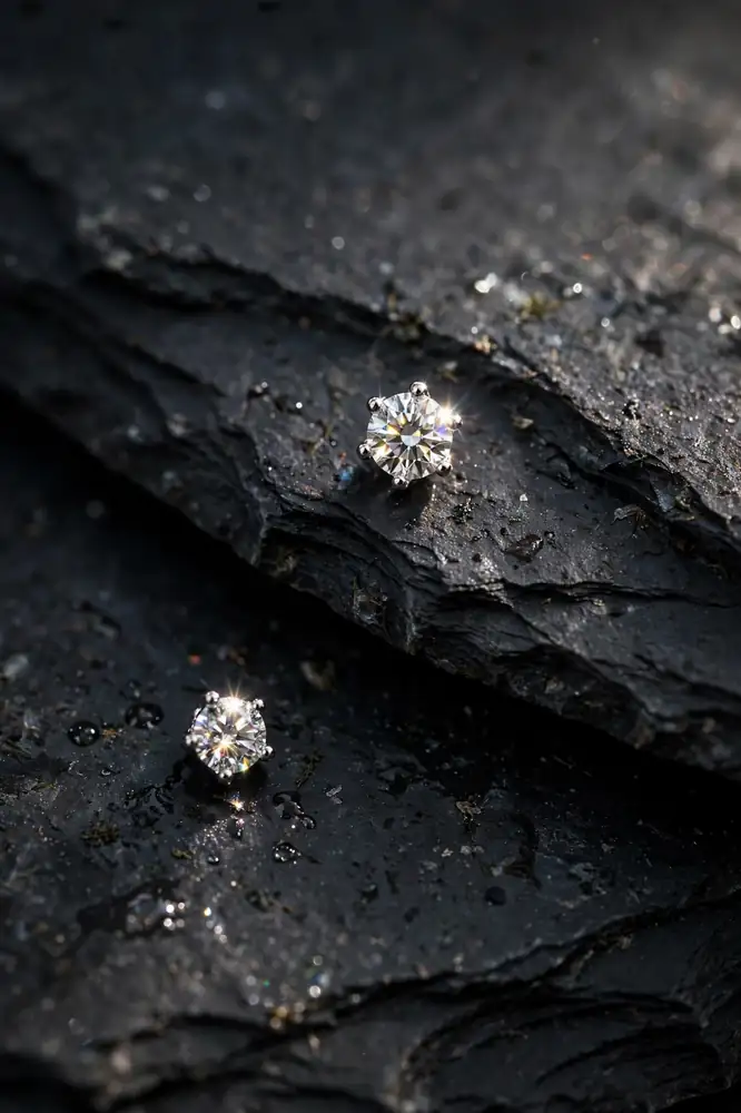 Tiny diamond stud earrings sparkling on a dark slate surface