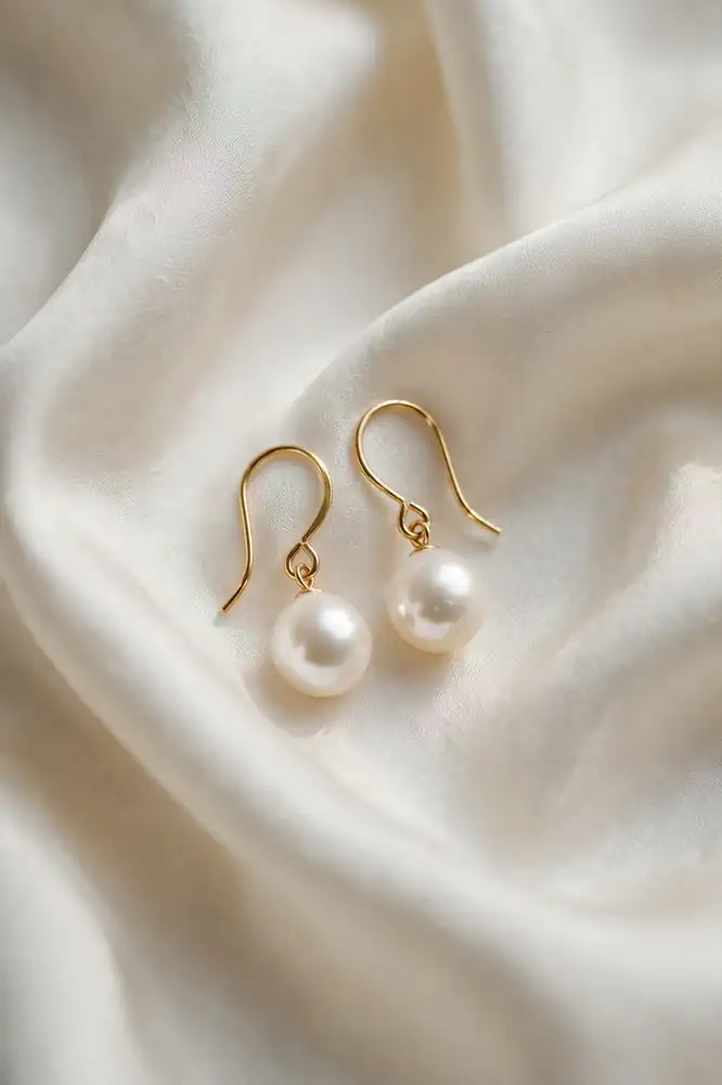 Pearl drop earrings with gold hooks on ivory silk