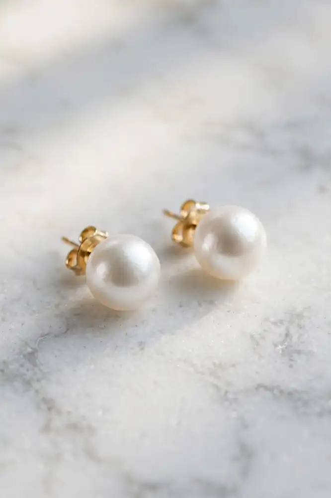 Single pearl stud earrings on a white marble surface