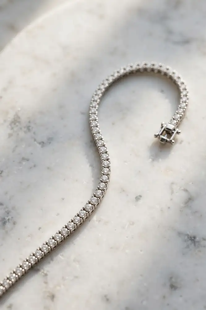 Diamond tennis bracelet with a single row of stones on white marble