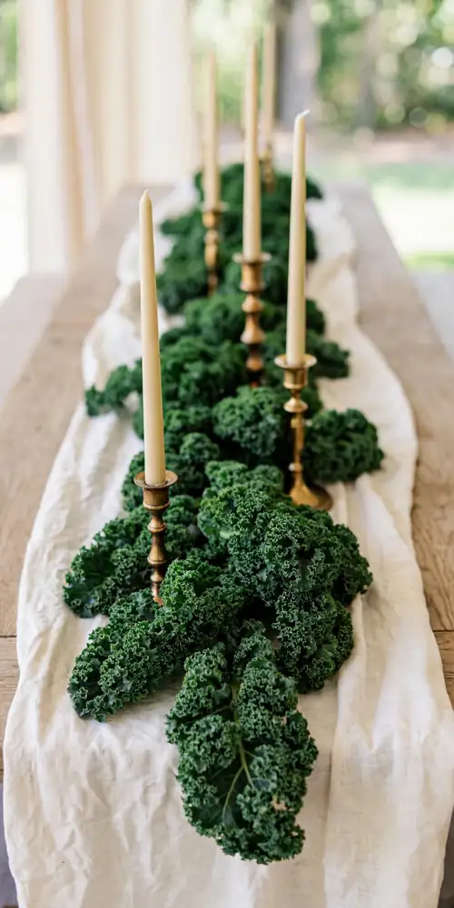 Curly kale leaf runner on a wedding table