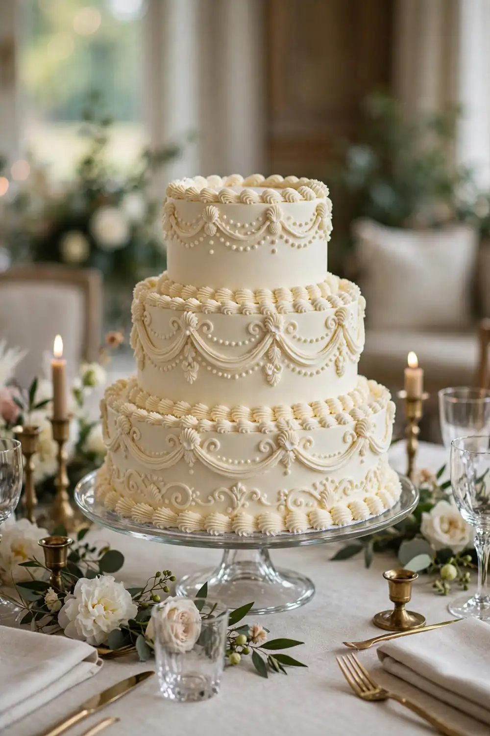 Vintage Lambeth overpiped wedding cake with ivory swags and scrolls
