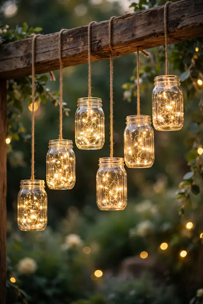 Mason jars filled with fairy lights hanging