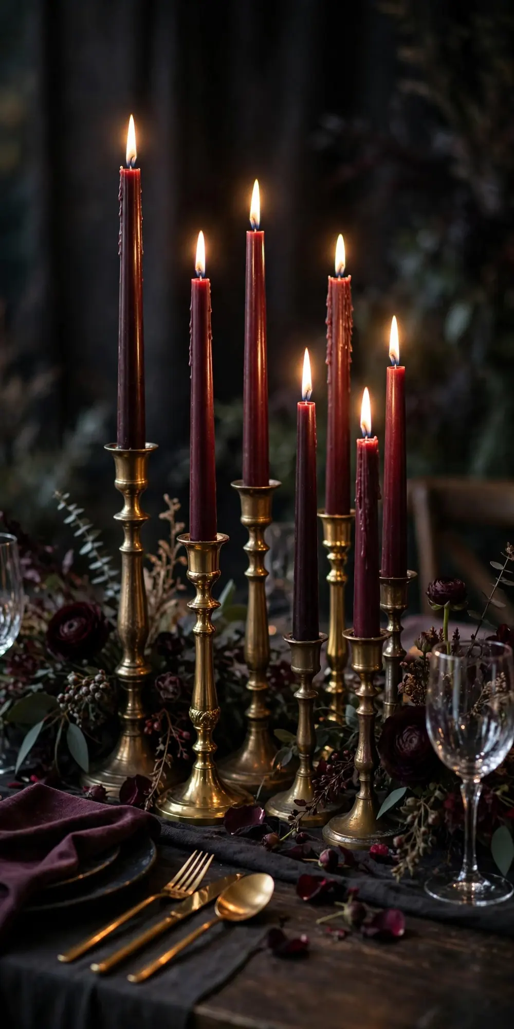 Merlot taper candles in brass holders