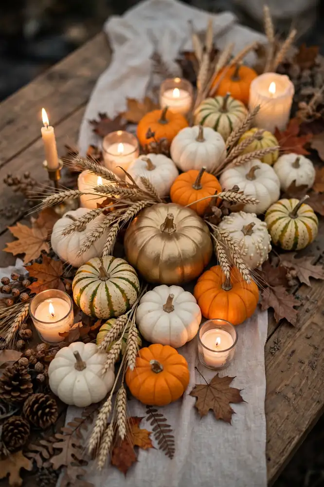 Mini pumpkins and gourds on a fall wedding table