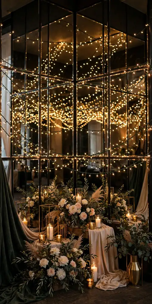 Mirrored wall doubling fairy light glow