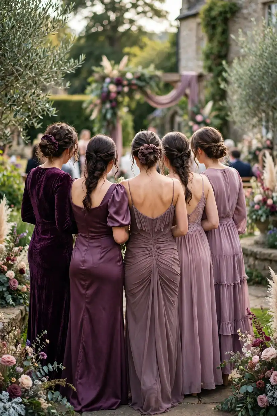 Bridesmaids in mismatched plum dresses