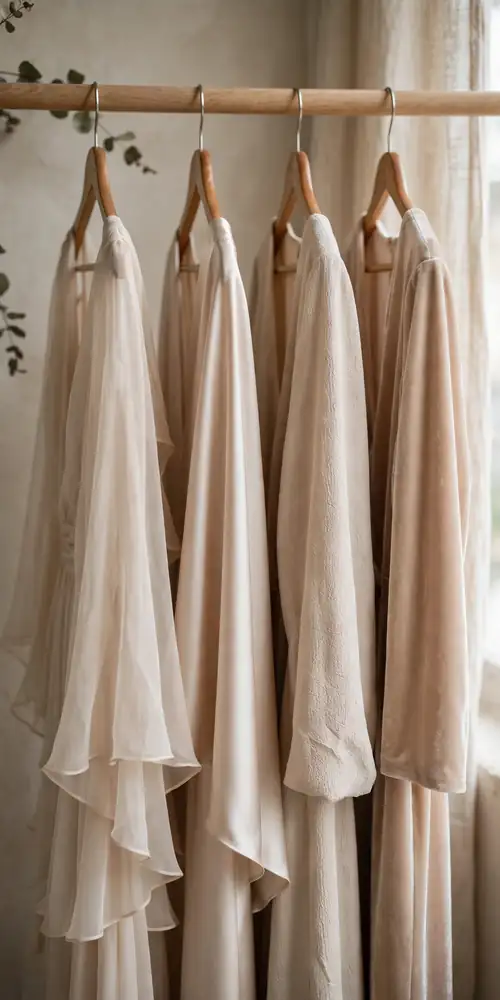 Bridesmaid dresses in mixed fabrics, one color