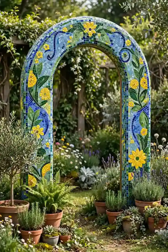 Mosaic tile-glass garden wedding arch covered in small colorful glass tiles