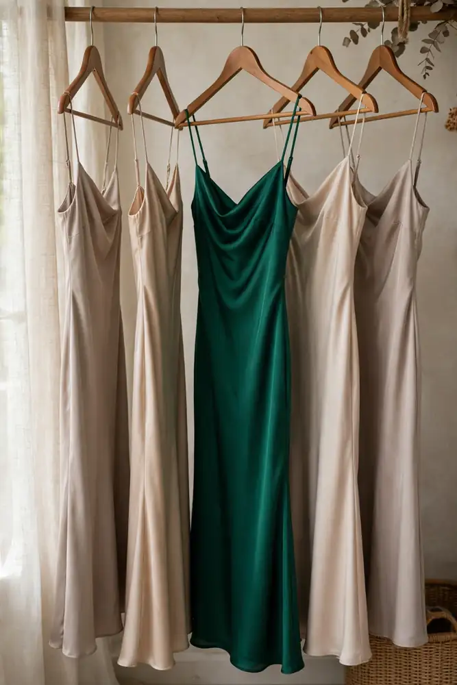 Neutral bridesmaid dresses with one bold accent