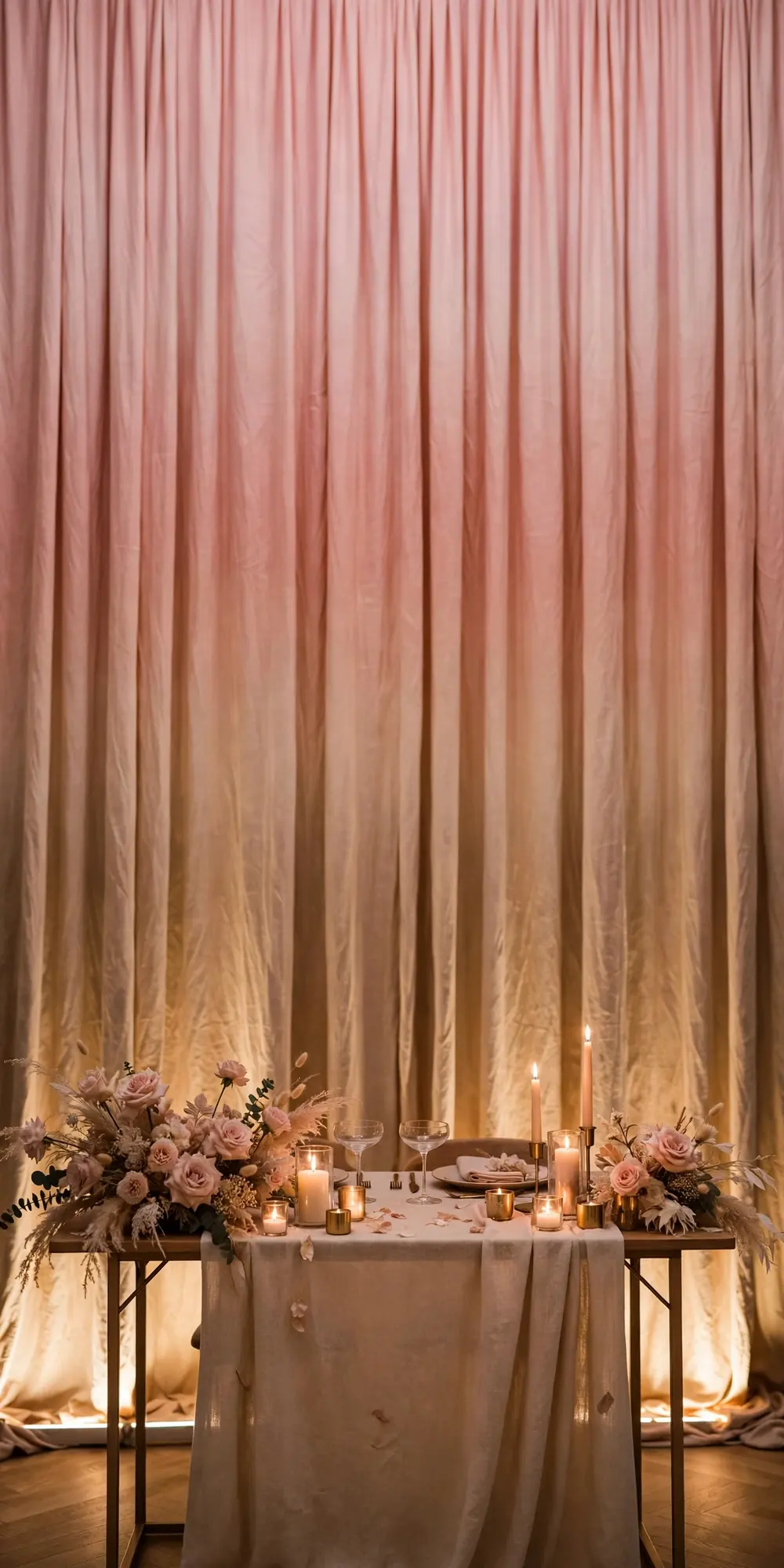 Ombre fabric wall in blush and champagne