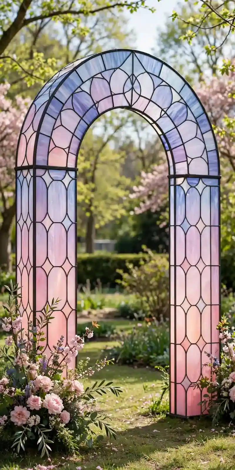 Ombre pastel glass panel wedding arch fading from blush pink to soft blue
