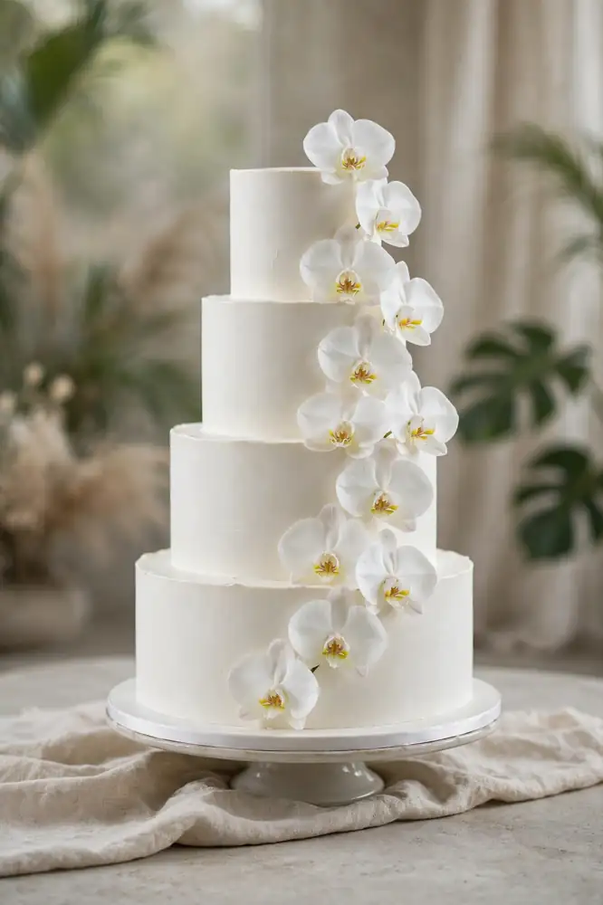 Wedding cake with white orchid blooms