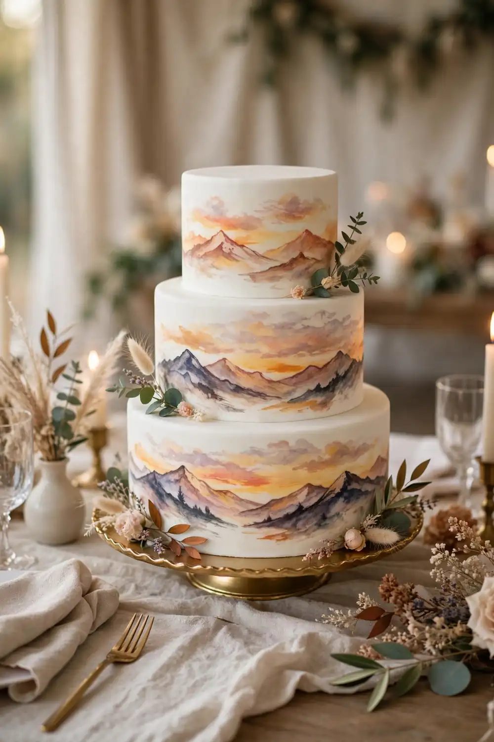 Hand-painted mountain sunset landscape wedding cake