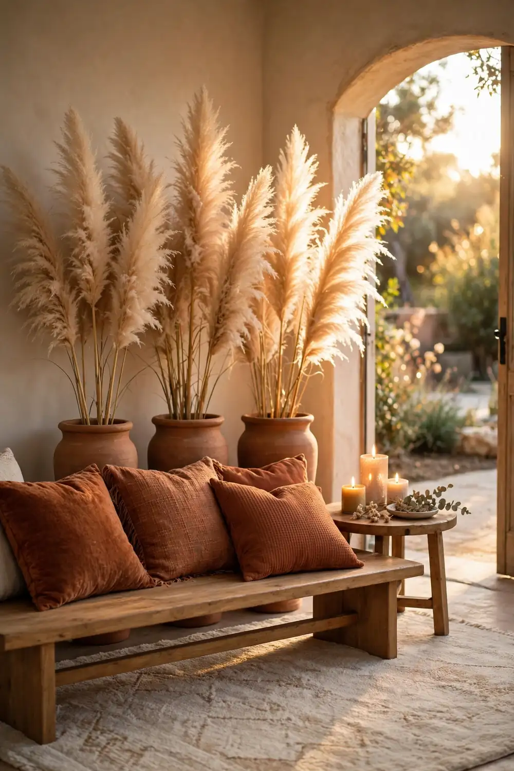 Pampas grass and terracotta lounge photo corner with bench and pillows