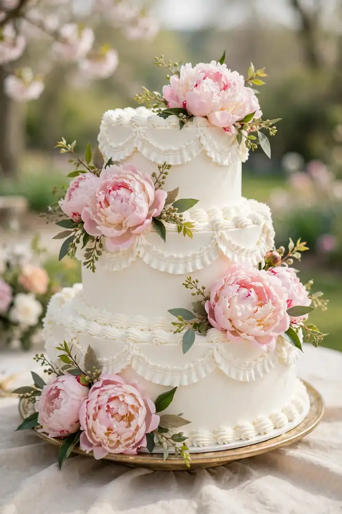 Wedding cake with peony clusters between tiers