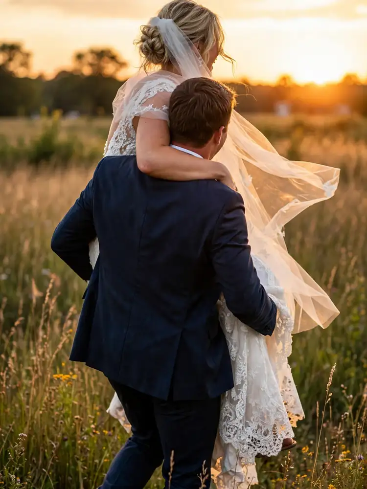 Piggyback laugh wedding pose at sunset