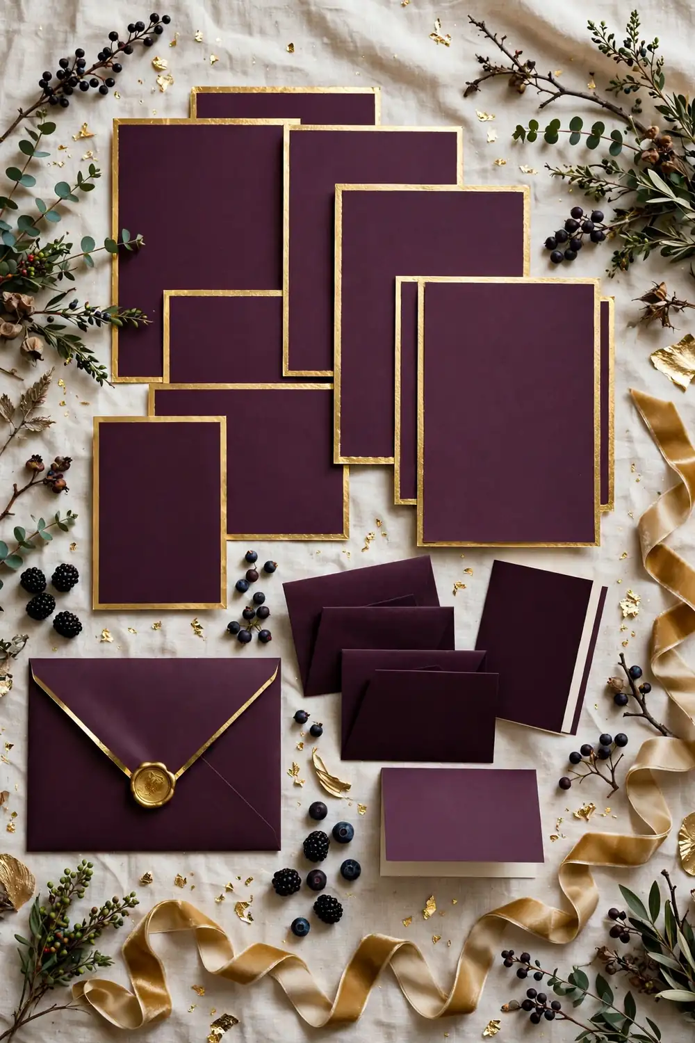 Plum and gold wedding stationery