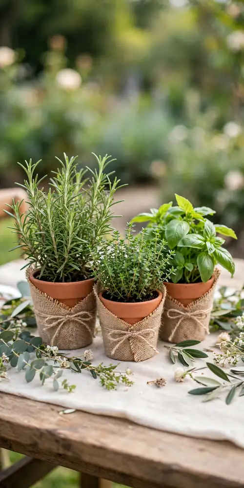 Potted rosemary thyme and basil in burlap wraps